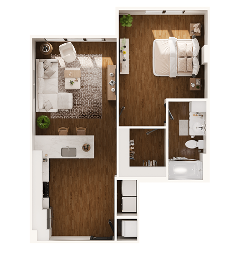 Floor plan for 1 bed, 1 bath, 842 sqft